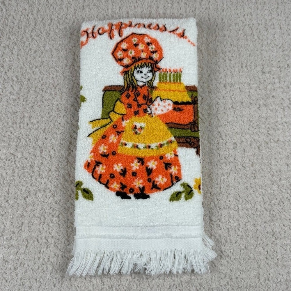Vintage Cannon Hand Towel Holly Hobbie Style Happiness Is Fringed White Orange